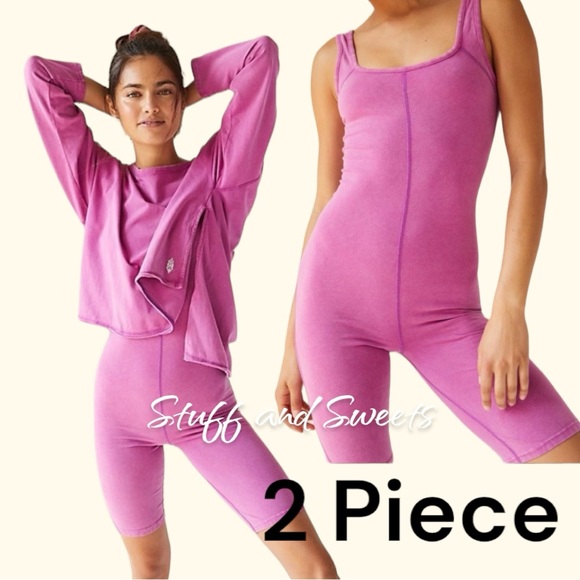 Free People Movement Hot Shot Runsie and long sleeve top Set / Magenta Disco XS - Picture 2 of 10